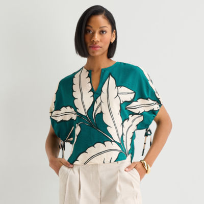 Worthington Womens Split Crew Neck Elbow Sleeve Blouse
