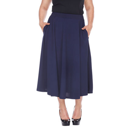 White Mark Tasmin Womens Mid Rise Stretch Fabric Midi Flared Skirt-Plus, 1x, Blue