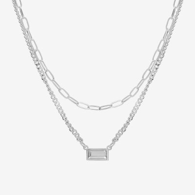 Bijoux Bar Silver Tone Glass 16 Inch Link Rectangular Strand Necklace