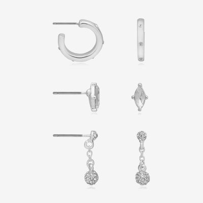 Bijoux Bar Silver Tone 3 Pair Glass Round Earring Set