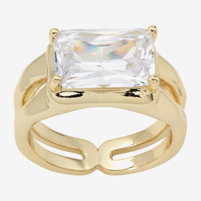 Sparkle Allure Hammered Split Shank Cubic Zirconia 14K Gold Over Brass Cocktail Ring