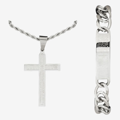 Mens Lord's Prayer 2-pc Stainless Steel Cross Necklace and ID bracelet Jewerly Set