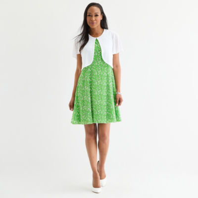Perceptions Womens Petite Floral Jacket Dress, Color: White Green
