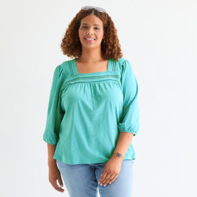 St. John's Bay Womens Square Neck 3/4 Sleeve Plus Blouse