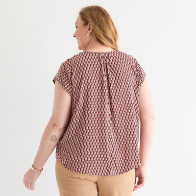Liz Claiborne Womens Crew Neck Short Sleeve Satin Plus Blouse