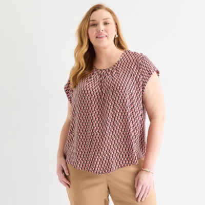 Liz Claiborne Womens Crew Neck Short Sleeve Satin Plus Blouse