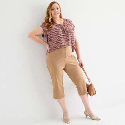 Liz Claiborne Womens Crew Neck Short Sleeve Satin Plus Blouse