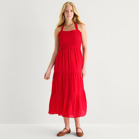 Secret Charm Womens Juniors Straight Neck Sleeveless Maxi Dress, Large, Red