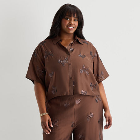 Worthington Womens Drop Shoulder Short Sleeve Regular Fit Button-Down Shirt, 1x, Brown