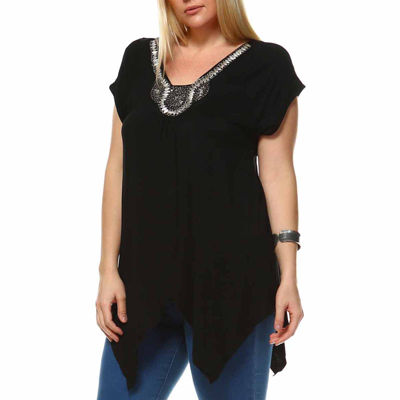 White Mark Plus Grace Womens V Neck Short Sleeve Embellished Tunic Top