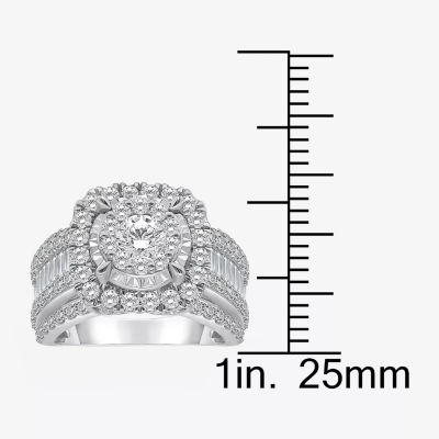 (I / I1) Womens 3 CT. T.W. Lab Grown White Diamond 10K Gold Cushion Side Stone Halo Engagement Ring