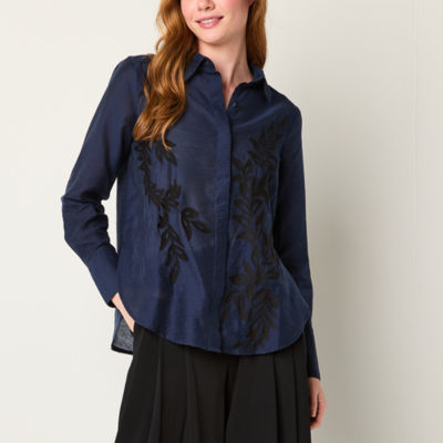 Worthington Womens Long Sleeve Embroidered Loose Fit Button-Down Shirt