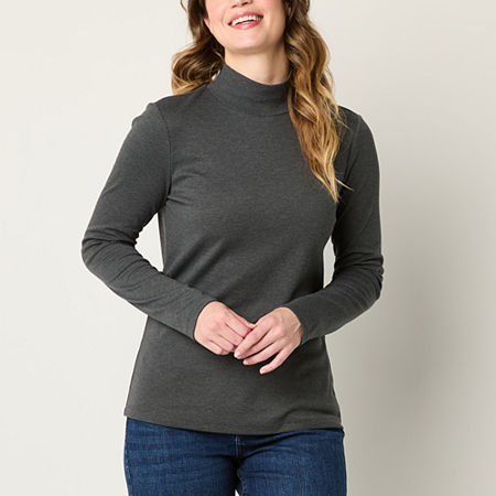 St. John's Bay Womens Mock Neck Long Sleeve T-Shirt, Petite Xx-large, Gray