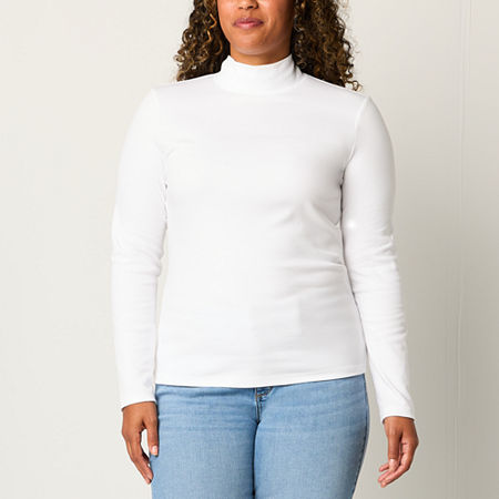 St. John's Bay Womens Mock Neck Long Sleeve T-Shirt, Petite Small, White