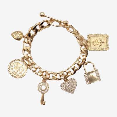 Bijoux Bar Gold Tone Toggle Crystal Link Heart Keys Charm Bracelet