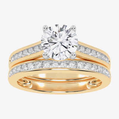 (G / Vs2-Si1) Womens 1 1/2 CT. T.W. Lab Grown White Diamond 10K Gold Round Side Stone Bridal Set