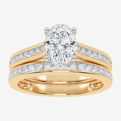 (G / Vs2-Si1) Womens 1 1/2 CT. T.W. Lab Grown White Diamond 10K Gold Oval Side Stone Wedding Engagement Ring