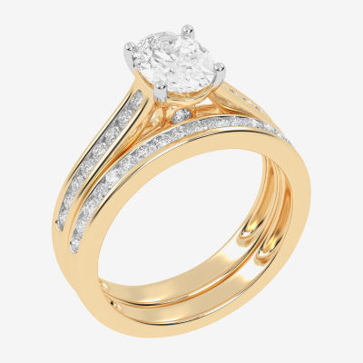 (G / Vs2-Si1) Womens 1 1/2 CT. T.W. Lab Grown White Diamond 10K Gold Oval Side Stone Wedding Engagement Ring