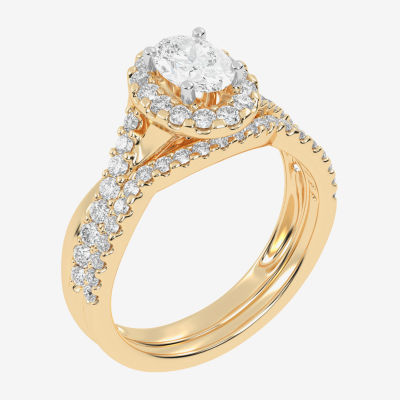 G / Vs2-Si1) Womens 1 CT. T.W. Lab Grown White Diamond 14K Gold Oval Side Stone Engagement Ring