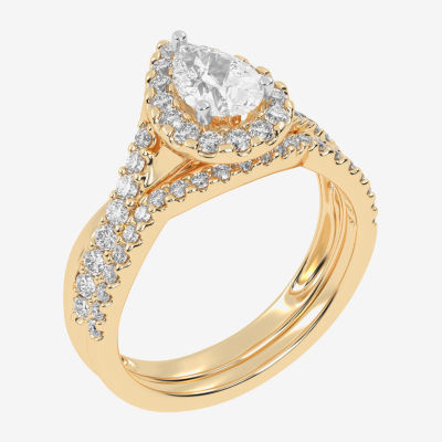 G / Vs2-Si1) Womens 1 CT. T.W. Lab Grown White Diamond 14K Gold Pear Side Stone Halo Engagement Ring