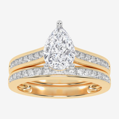 (G / Vs2-Si1) Womens 1 1/2 CT. T.W. Lab Grown White Diamond 10K Gold Pear Side Stone Bridal Set