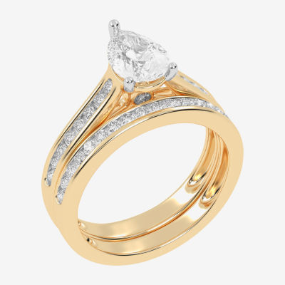 (G / Vs2-Si1) Womens 1 1/2 CT. T.W. Lab Grown White Diamond 10K Gold Pear Side Stone Bridal Set