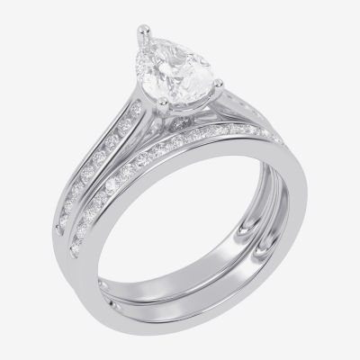 (G / Vs2-Si1) Womens 1 1/2 CT. T.W. Lab Grown White Diamond 10K White Gold Pear Side Stone Bridal Set