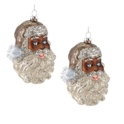 North Pole Trading Co. Glitter Santa Head African American Set 2-pc. Christmas Ornament