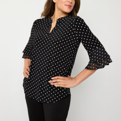 Black Label by Evan-Picone Womens Split Crew Neck 3/4 Sleeve Blouse