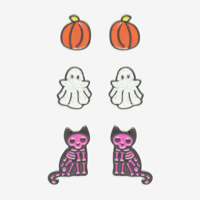 Mixit Halloween Pumpkin Ghost & Skeleton Womens Multi Color Glass 3 Pair Earring Set