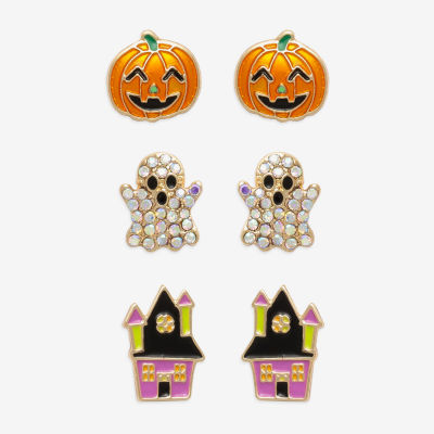 Mixit Halloween Pumpkin Haunted House & Ghost Womens Purple Glass 3 Pair Earring Set