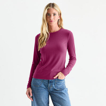 a.n.a Womens Crew Neck Long Sleeve T-Shirt, Large, Purple