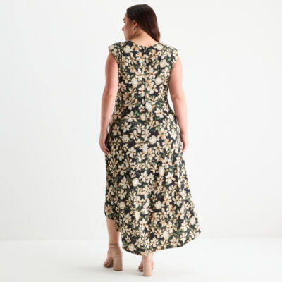 Premier Amour Womens Plus Sleeveless Floral High-Low Fit + Flare Dress