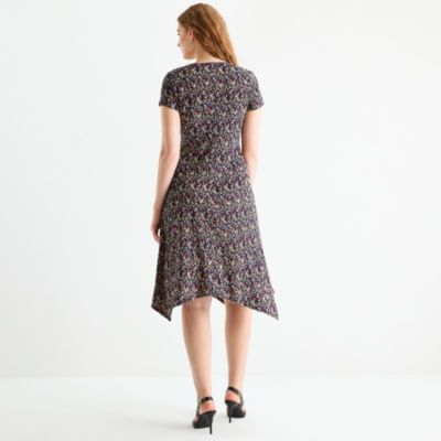 Perceptions Womens Petite Short Sleeve Floral High-Low Fit + Flare Dress
