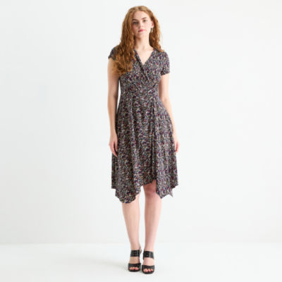 Perceptions Womens Petite Short Sleeve Floral High-Low Fit + Flare Dress