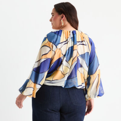 Worthington Womens Crew Neck Long Sleeve Plus Blouse