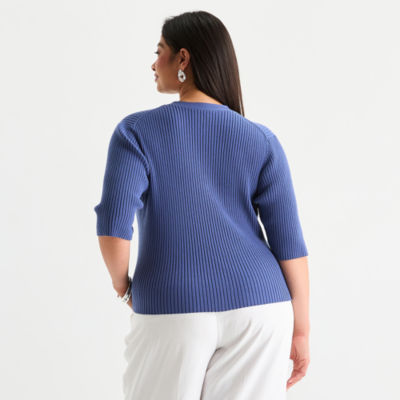 Worthington Plus Womens V Neck Elbow Sleeve Button Open Front Cardigan
