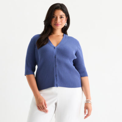 Worthington Plus Womens V Neck Elbow Sleeve Button Open Front Cardigan