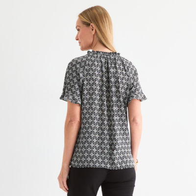Liz Claiborne Womens Split Tie Neck Short Sleeve Blouse