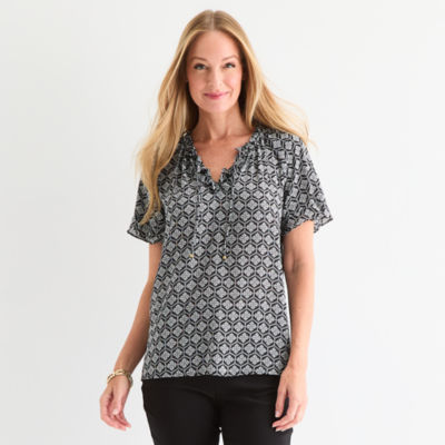 Liz Claiborne Womens Split Tie Neck Short Sleeve Blouse
