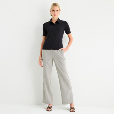 Worthington Womens Fitted Short Sleeve Regular Fit Button-Down Shirt