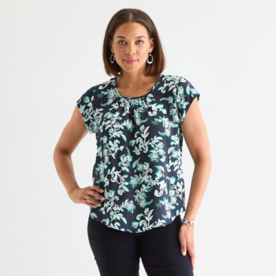 Liz Claiborne Womens Crew Neck Short Sleeve Satin Blouse