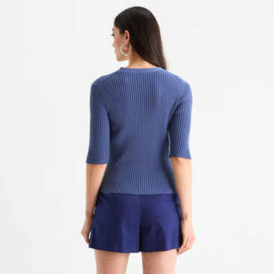 Worthington Womens V Neck Elbow Sleeve Blouse