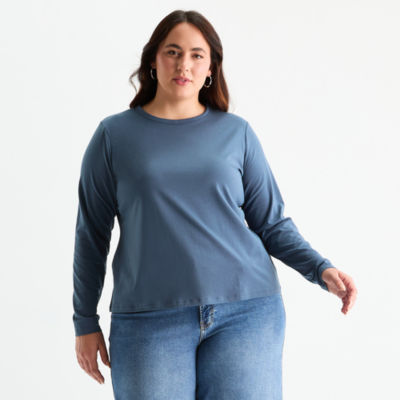 a.n.a Womens Round Neck Long Sleeve Plus T-Shirt