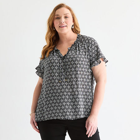Liz Claiborne Womens Split Tie Neck Short Sleeve Plus Blouse, 0x, Black