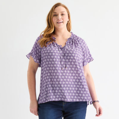 Liz Claiborne Womens Split Tie Neck Short Sleeve Plus Blouse