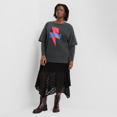 Joaquina for JCPenney Womens Juniors Plus Crew Neck Long Sleeve T-Shirt