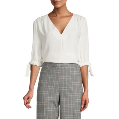 Worthington Womens V Neck Elbow Sleeve Blouse