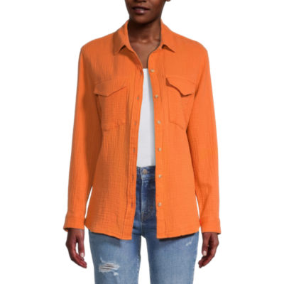 burnt orange button up shirt women's