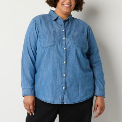 St. John's Bay Plus Womens Long Sleeve Adaptive Regular Fit Easy-on + Easy-off Button-Down Shirt